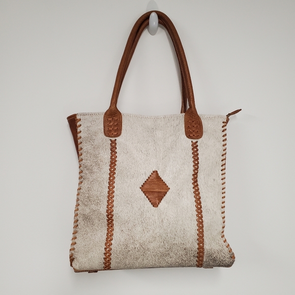 Myra Bag Bags Myra Bag Tote Leather Calf Hair Zip Top Boho Casual
